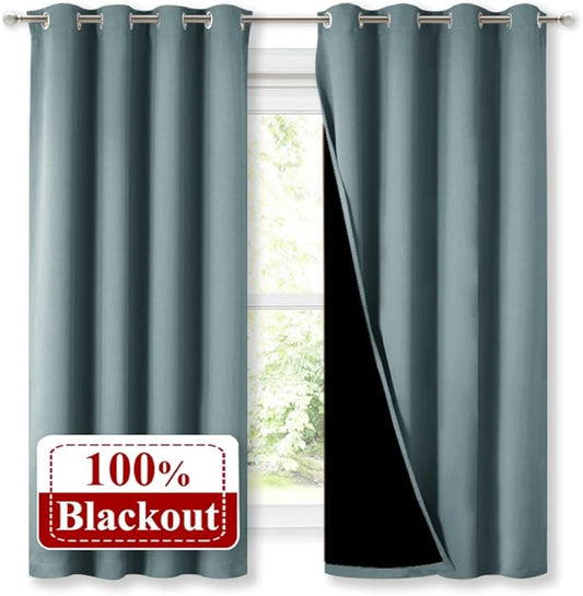 NICETOWN 100% Blackout Curtains with Black Liners, Thermal Insulated Full Blackout 2-Layer Lined Drapes, Energy Efficiency Window Draperies for Bedroom (Greyish Blue, 2 Panels, 52-inch W by 63-inch L)