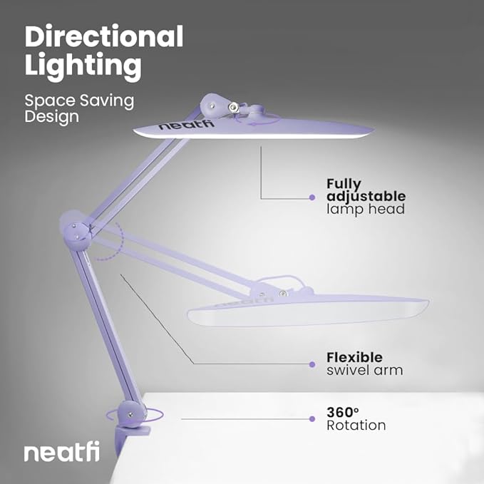 Neatfi XL 2,200 Lumens LED Desk Lamp with Clamp, 24W Bright Architect Task Lamp, 20 Inches Dimmable Computer Light, Adjustable Desk Light for Home, Office, Crafts, Nails & Hobbies (Non-CCT, Lavender)