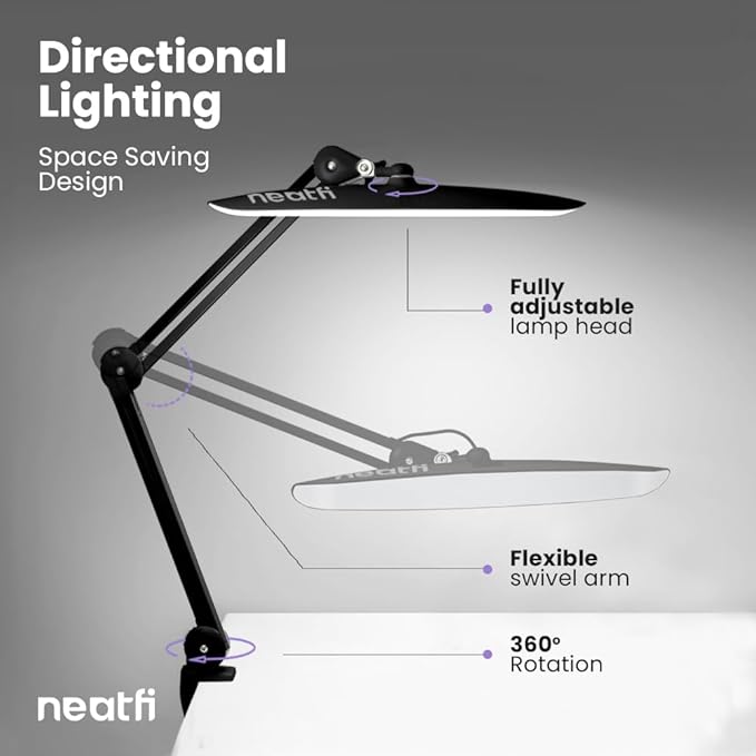 Neatfi XL 2,200 Lumens LED Desk Lamp with Clamp, 24W Bright Architect Task Lamp, 20 Inches Dimmable Computer Light, Adjustable Desk Light for Home, Office, Crafts, Nails & Hobbies (Non-CCT, Black)