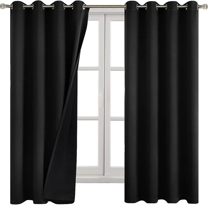 Black Blackout Curtains for Bedroom 63 Inch Length 2 Panels, Thermal Insulated 100% Light Blocking Soundproof Grommet Window Curtains for Living Room with Liner, Each 52 Inch Wide