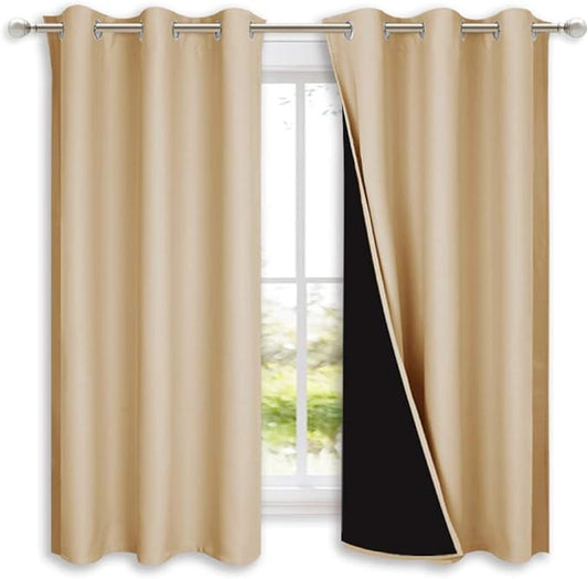 NICETOWN Bedroom Full Blackout Curtain Panels, Super Thick Insulated Grommet Drapes, Double-Layer Blackout Draperies with Black Liner for Small Window (Set of 2 PCs, 42 by 63 inches, Biscotti Beige)