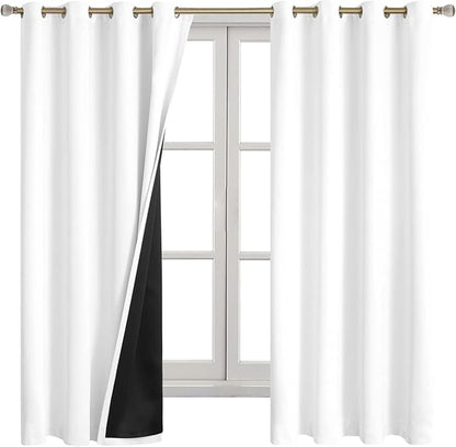 White Blackout Curtains 63 Inches Length 2 Panels Set for Bedroom, Thermal Insulated 100% Light Blocking Soundproof Grommet Window Curtains with Thick Black Liner, Each 52 Inches Wide