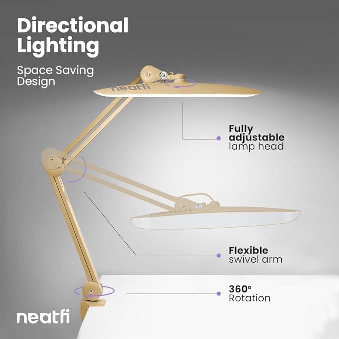 Neatfi XL 2,200 Lumens LED Desk Lamp with Clamp, 24 Watt Bright Architect Task Lamp, 20 Inches Dimmable Computer Light, Adjustable Desk Light for Home, Office, Crafts, Nails & Hobbies (Non-CCT, Gold)