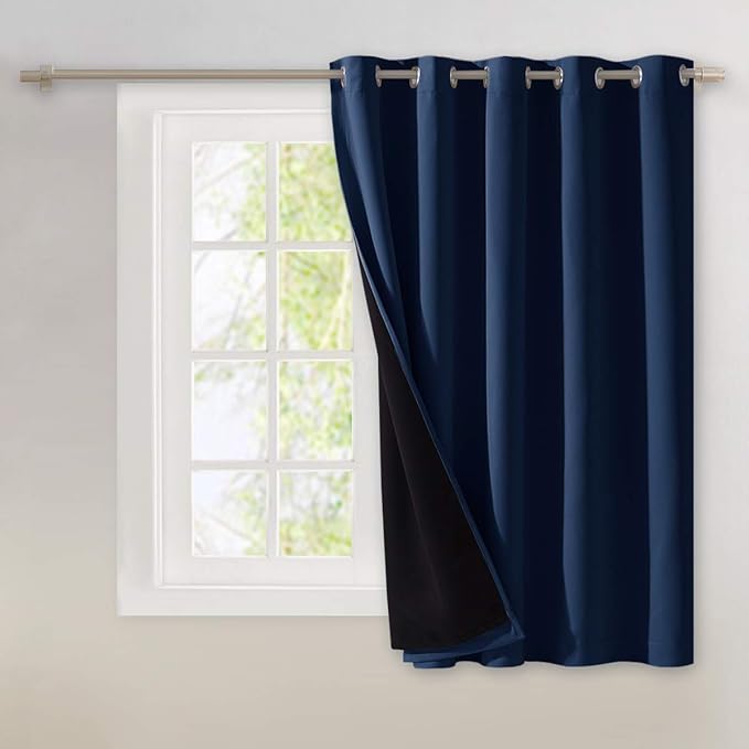 NICETOWN 100% Blackout Patio Sliding Door Curtain, Wide Lined Drape, Keep Warm Drapery, Sliding Glass Door Panel for Night Shift（Navy Blue, 1 Panel, 70 inches Wide x 63 inches Long