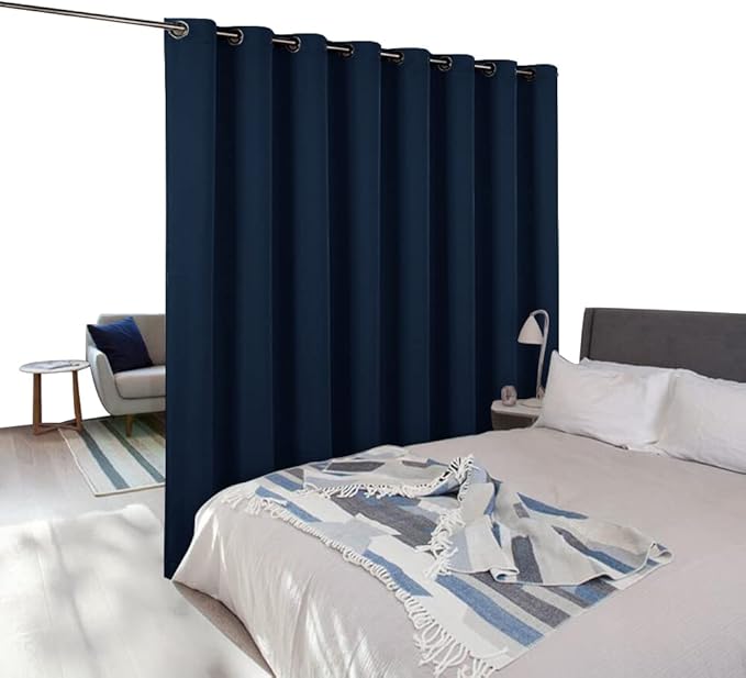 NICETOWN Room Dividers Curtain Screens Partitions, Premium Heavyweight Laundry Room Divider for Office, Vintage and Sliding Room, Including 16 Silver Ring Top (Navy, 1 Panel, 15ft Wide x 7ft Long)