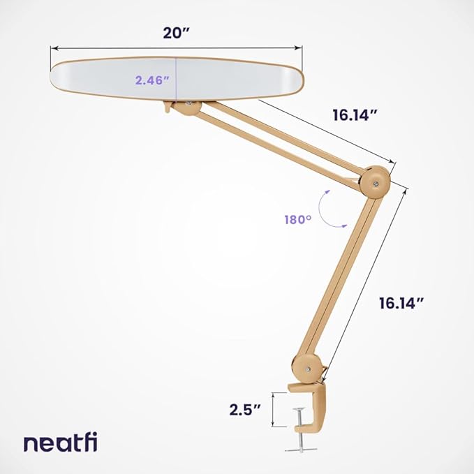 Neatfi XL 2,200 Lumens LED Desk Lamp with Clamp, 24 Watt Bright Architect Task Lamp, 20 Inches Dimmable Computer Light, Adjustable Desk Light for Home, Office, Crafts, Nails & Hobbies (Non-CCT, Gold)