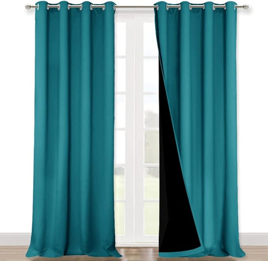 NICETOWN Peacock Teal 100% Blackout Curtains for Windows, Super Heavy-Duty Black Lined Total Darkness Drapes for Bedroom, Privacy Assured Window Treatment for Patio (2 PCs, 52 inches W x 108 inches L)