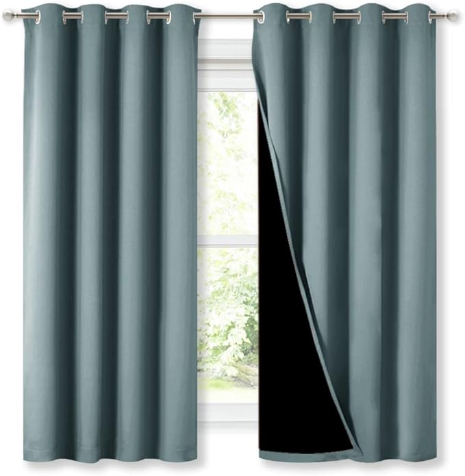 NICETOWN 100% Blackout Curtains with Black Liners, Thermal Insulated Full Blackout 2-Layer Lined Drapes, Energy Efficiency Window Draperies for Bedroom (Greyish Blue, 2 Panels, 52-inch W by 63-inch L)