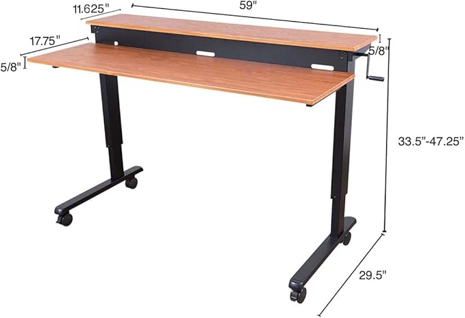 S STAND UP DESK STORE Crank Adjustable 2-Tier Standing Desk with Heavy Duty Steel Frame (Black Frame/Teak Top, 60 inch Wide)