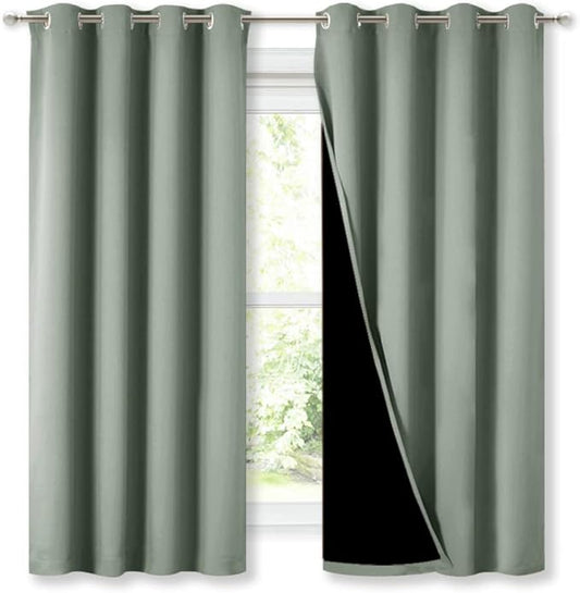 NICETOWN Greyish Green 100% Blackout Lined Curtains, 2 Thick Layers Completely Blackout Window Treatment Thermal Insulated Drapes for Kitchen/Bedroom (1 Pair, 52" Width x 63" Length Each Panel)