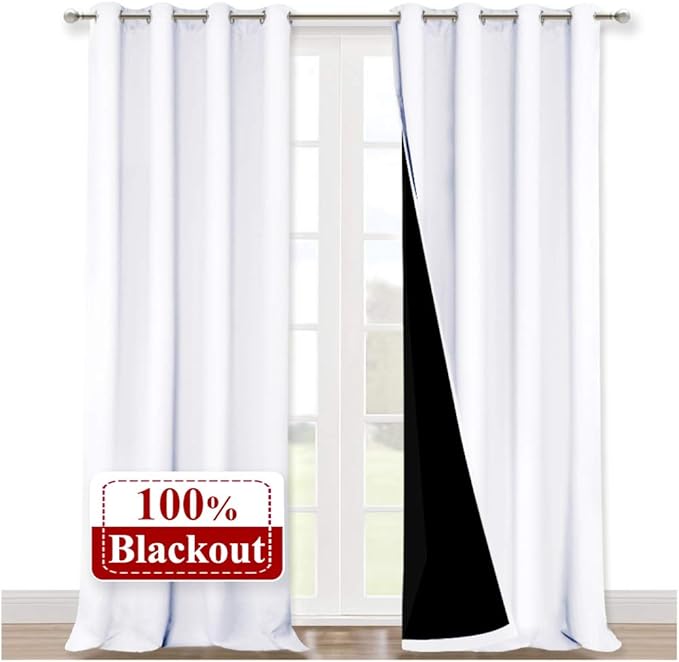 NICETOWN White 100% Blackout Curtains for Windows, Pack of 2, 52 inches W x 102 inches L, Super Heavy-Duty Black Lined Total Darkness Drapes for Bedroom, Privacy Assured Window Treatment for Patio