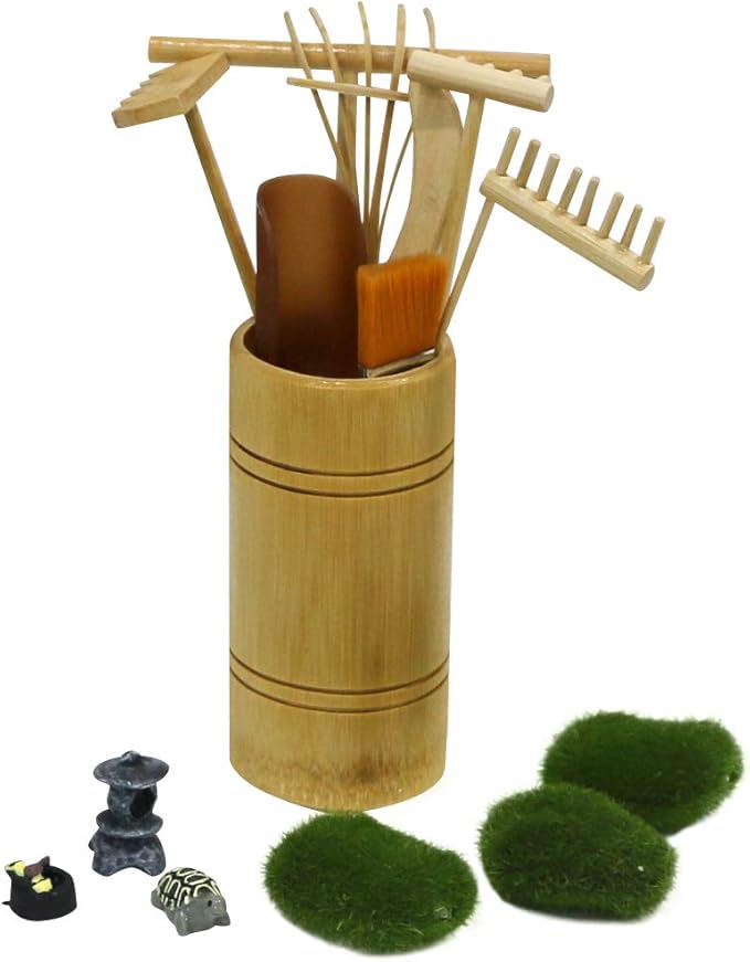 Mini Zen Garden Rake Tool - Tabletop Meditation Rock Sand Garden Kits with Moss Rakes Brusher Spoon Figurines Holder