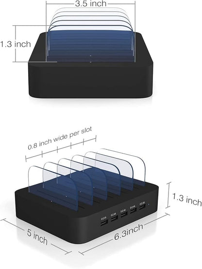 Charging Station for Multiple Devices, MSTJRY USB-A Charging Station Dock Switch Cell Phone 5 Port Charging Station, Designed for iPhone iPad Cell Phone Tablets (Black, 6 Short Cables Included)