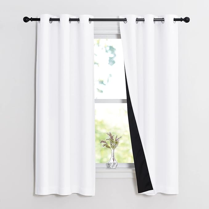 NICETOWN Pure White 100% Blackout Lined Curtains, 1 Pair, 37" Width x 60" Length Each Panel, 2 Thick Layers Narrow Wide Window Treatment Panels Thermal Insulated Drapes for Kitchen Small Window