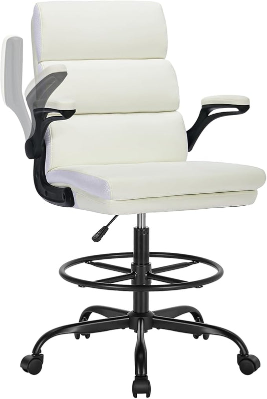 Drafting Chair Tall Office Chair with Padded Flip-up Armrests Executive Ergonomic Computer Standing Desk Chair with Comfortable Leather Backrest and Adjustable Footrest Ring (White)