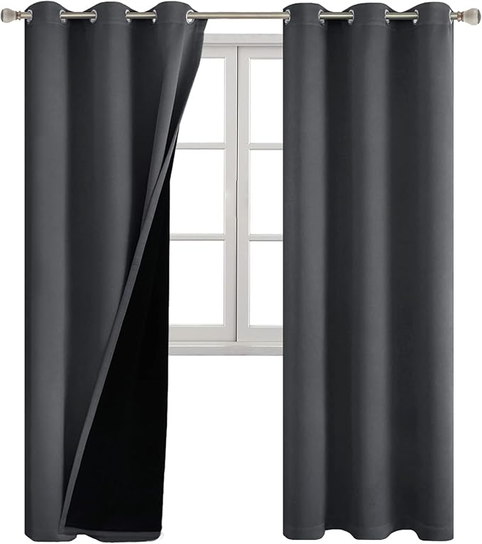 Dark Grey Blackout Curtains 84 Inch Length 2 Panels Set for Living Room, Thermal Insulated 100% Light Blocking Soundproof Grommet Window Curtains for Bedroom with Black Liner, Each 42 Inch Wide