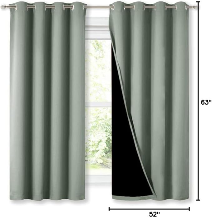 NICETOWN Greyish Green 100% Blackout Lined Curtains, 2 Thick Layers Completely Blackout Window Treatment Thermal Insulated Drapes for Kitchen/Bedroom (1 Pair, 52" Width x 63" Length Each Panel)