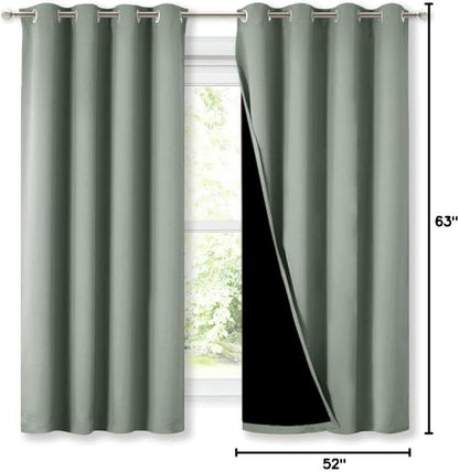 NICETOWN Greyish Green 100% Blackout Lined Curtains, 2 Thick Layers Completely Blackout Window Treatment Thermal Insulated Drapes for Kitchen/Bedroom (1 Pair, 52" Width x 63" Length Each Panel)