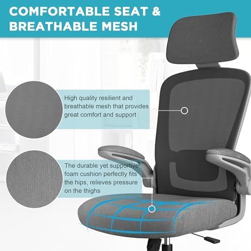 Mimoglad Office Chair, High Back Ergonomic Desk Chair with Adjustable Lumbar Support and Headrest, Swivel Task Chair with flip-up Armrests for Guitar Playing, 5 Years Warranty