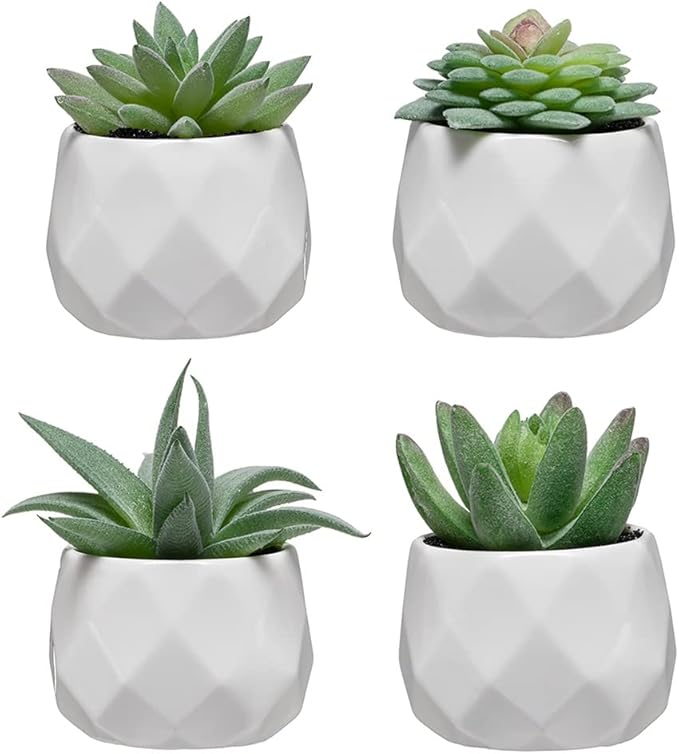 CADNLY Fake Succulent Plant Set - Artificial Succulent Plants for Women Desk - Realistic Faux Succulents in Ceramic Pots - Mini Green Succulent Decor for Bedroom Bathroom Office Shelf Decor