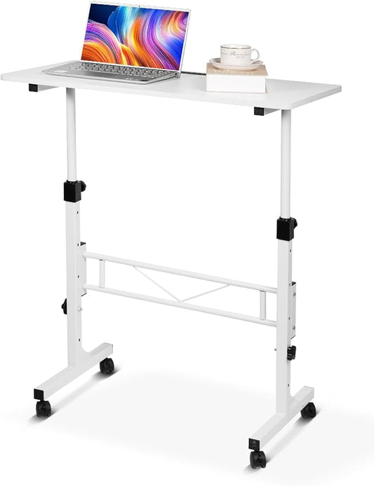 KLSMYHOKI Small Standing Desk Adjustable Height, Mobile Sit Stand up Desk Portable Rolling Desk with Wheels Standing Desk for Walking pad Treadmill White