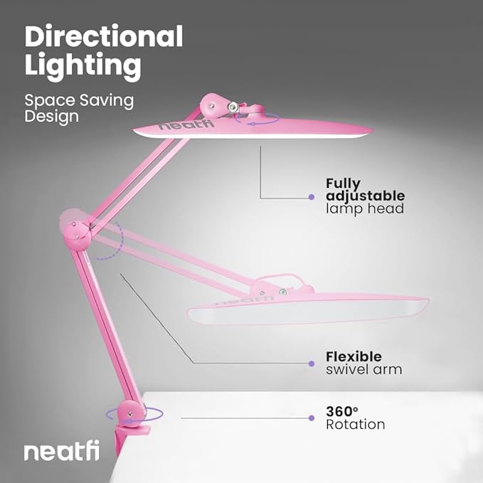 Neatfi XL 2,200 Lumens LED Task Lamp, 24W Super Bright Desk Lamp, 117 Pcs SMD LED, 4 Level Brightness, Dimmable, Task LED Light for Home, Office, Workbench (CCT, Pink)