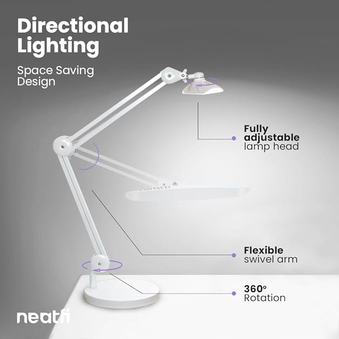 Neatfi XL 2,200 Lumens LED Task Lamp, 24W Super Bright Desk Lamp, 117 Pcs SMD LED, 4 Level Brightness, Dimmable, Task LED Light for Home, Office, Workbench (Non-CCT with Base, White)