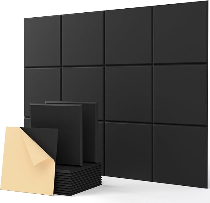 Acoustic Panels Self-Adhesive, Soundproof Wall Panels Square, High Density Sound Absorbing Panel, Sound Proof Panels for Walls Home Office, Reccording Studio, Ceiling 12" X 12" X 0.4" Black