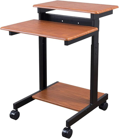 Stand Up Desk Store Rolling Adjustable Height Two Tier Standing Desk Computer Workstation (Black Frame/Teak Top, 24" Wide)