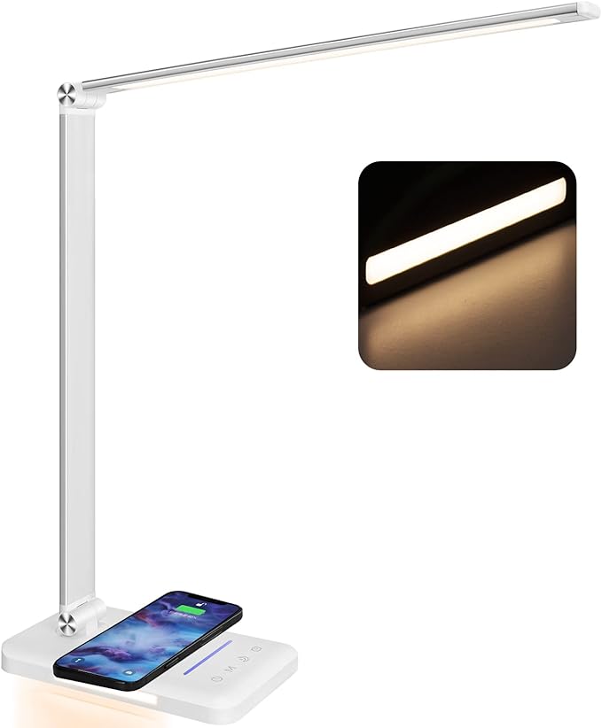 LED Desk Lamp with Night Light, Fast Wireless Charger, USB Charging Port, 10 Brightness, 5 Color Modes, Dimmable Bedside Table Lamp for Bedroom, Touch Control, Auto Timer, 1200Lux Super Bright