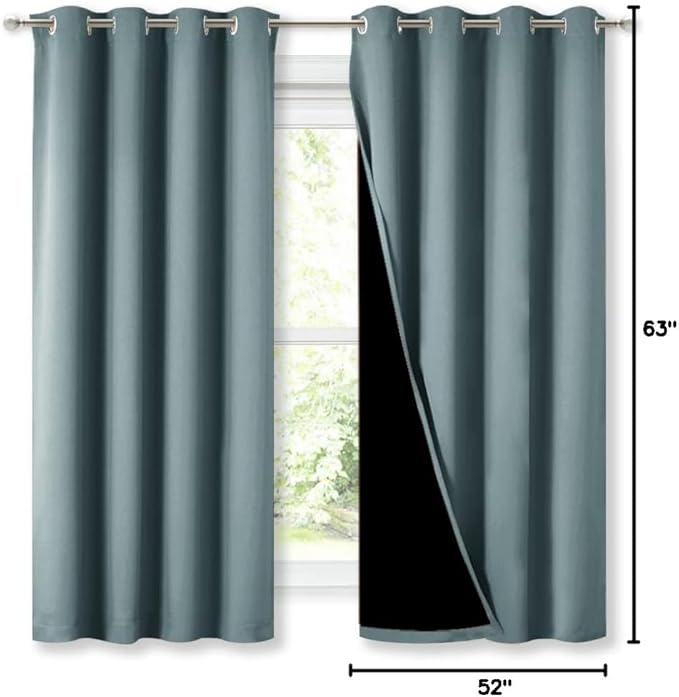 NICETOWN 100% Blackout Curtains with Black Liners, Thermal Insulated Full Blackout 2-Layer Lined Drapes, Energy Efficiency Window Draperies for Bedroom (Greyish Blue, 2 Panels, 52-inch W by 63-inch L)