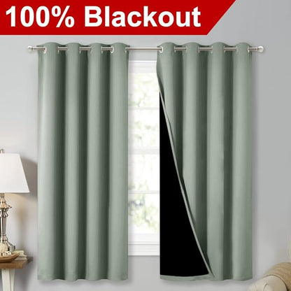 NICETOWN Greyish Green 100% Blackout Lined Curtains, 2 Thick Layers Completely Blackout Window Treatment Thermal Insulated Drapes for Kitchen/Bedroom (1 Pair, 52" Width x 63" Length Each Panel)