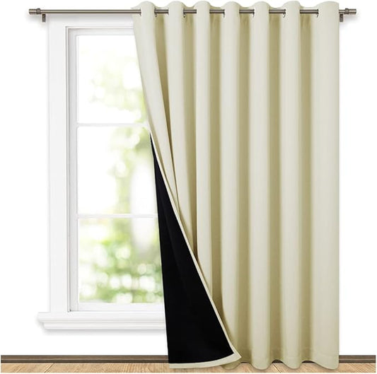 NICETOWN Thermal Insulated 100% Blackout Curtains, Noise Reducing Performance Slider Curtain Panel with Black Lining, Full Light Blocking Patio Door Drapery (Beige, 1 PC, 100-inch x 84-inch)