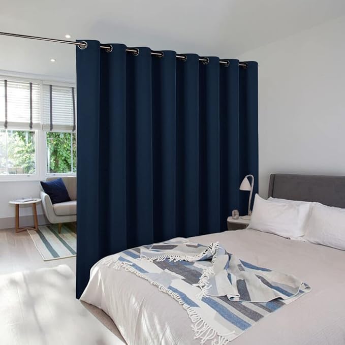 NICETOWN Room Dividers Curtain Screens Partitions, Premium Heavyweight Laundry Room Divider for Office, Vintage and Sliding Room, Including 16 Silver Ring Top (Navy, 1 Panel, 15ft Wide x 7ft Long)