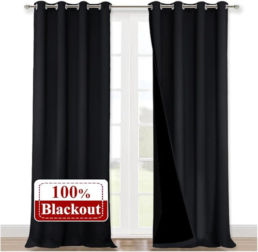 NICETOWN Extra Long Truly Blackout Drapes for Hall and Villa, 52-inch Width Each Panel, 102-inch Length, Black, 2 Pieces, 100% Blackout Window Curtain Panels with Black Lined for Night Shift Worker