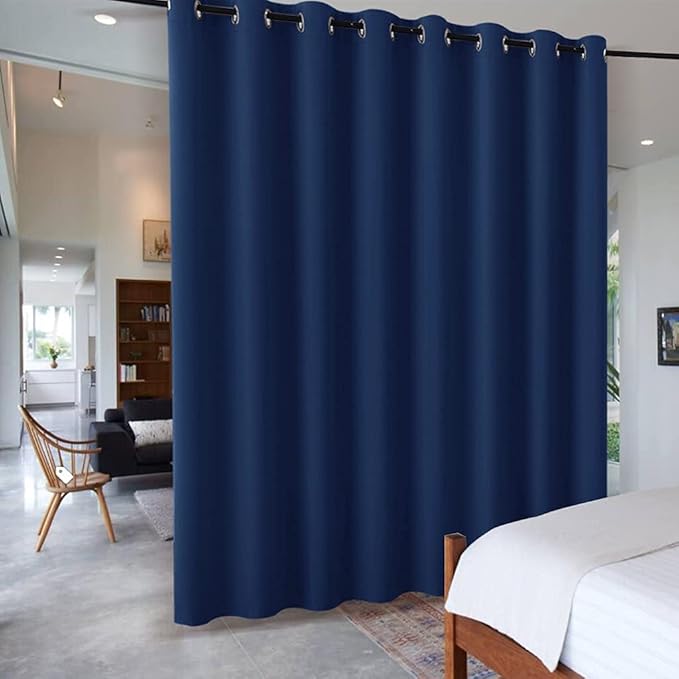 RYB HOME Dining Area Space Room Divider, Light Block Noise Reduce Insulated Curtain Drape Screen from High Ceiling to Floor for Cabinet/Bedroom, Wide 15ft x Long 9ft, Navy Blue, 1 Panel