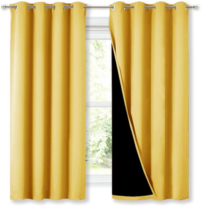 NICETOWN Blackout Lined Curtains for Kitchen Window, Totally Darkness Drapes with Silver Grommet, Thermal Insulated Drapes for Master Bedroom (Bright Yellow, 1 Pair, 52 Width x 63 Length Each Panel)