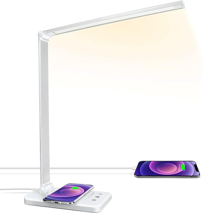 LED Desk Lamp with Wireless Charger, USB Charging Port, Desk Light with 10 Brightness, 5 Color Modes, Dimmable Eye Caring Reading Desk Lamps for Home Office, Touch Control, Auto Timer, White