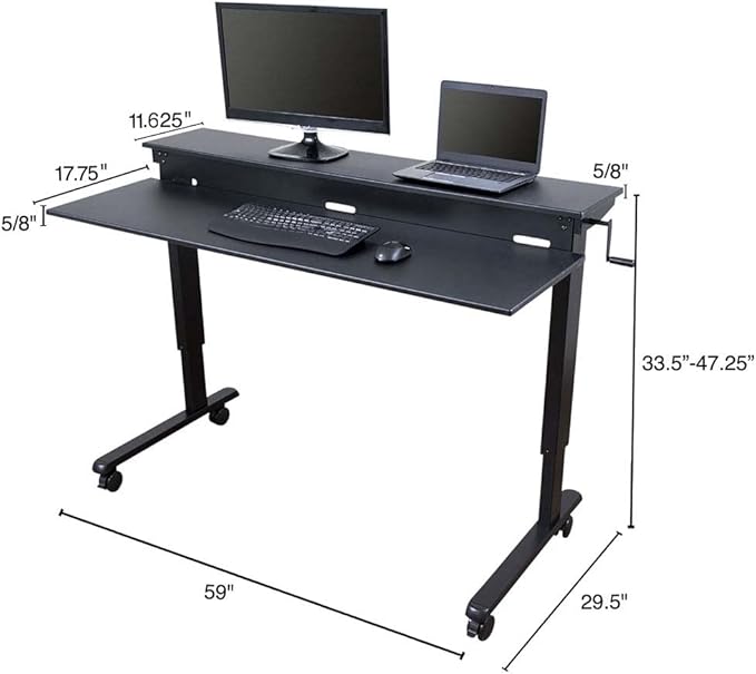 Stand Up Desk Store Crank Adjustable Two Tier Standing Desk with Heavy Duty Steel Frame (Black Frame/Black Top, 60" Wide)