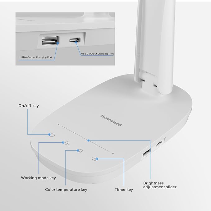 Honeywell Sunturalux™ LED Desk Lamp Dimmable Desk Light with USB A+C Dual Charging Port Eye-Caring Foldable Table Lamp with 4 Color Modes for Home Office Bedroom Reading Study Work HWT-H2W White