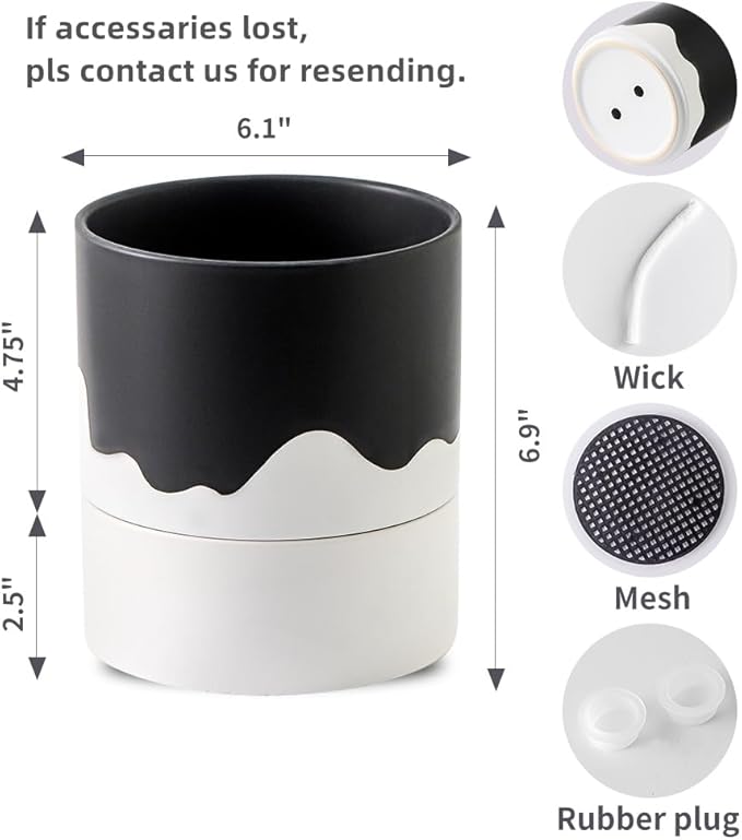 Nihow Self Watering Plant Pot: 6 Inch Ceramic Planter with Drainage Hole & Water Storage Plus for Indoor & Outdoor Plants - Cylinder Round Flower Pot for Succulent/Herbs/Violets - Black & Wave White