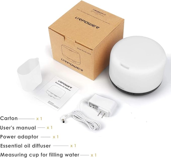 URPOWER 500ml Essential Oil Diffuser 5 in 1 Ultrasonic Aromatherapy Diffusers for Essential Oils Humidifier with Adjustable Mist Mode/4 Timer Settings and Waterless Auto Shut-Off for Large Room Yoga.