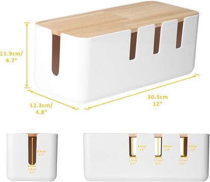 Cable Management Box by Baskiss, 12x5x4.5 inches, Wood Lid, Cord Organizer for Desk TV Computer USB Hub System to Cover and Hide & Power Strips & Cords