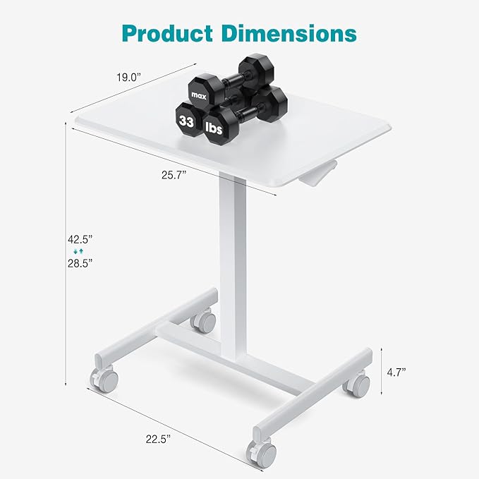 DUMOS Small Standing Desk Mobile Portable Rolling Laptop Desk on Wheels, Adjustable Height Table for Home Office, 19 Inch, Mroden White