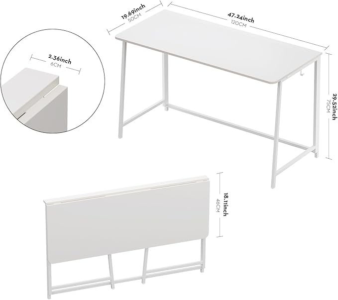 WOHOMO Folding Desk, 47.2" Foldable Computer Desk for Bedroom, Space Saving Computer Table Writing Workstation for Home Office, Easy Assembly, White