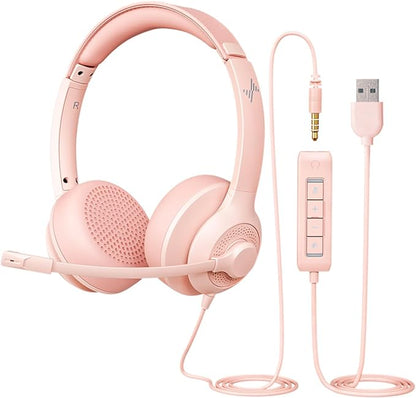 USB Headset with Microphone for PC, On-Ear Computer Laptop Headphones with Noise Cancelling Mic in-line Control for Home Office Online Class Zoom (USB+3.5mm, Pink)