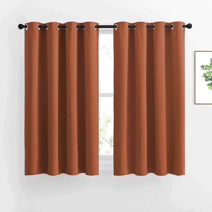 NICETOWN Kitchen Window Curtains Over Sink - Grommet Blackout Solid Vertical Small Curtains & Drapes Noise Reducing for Laundry, Burnt Orange, W52 x L45, 2 Panels