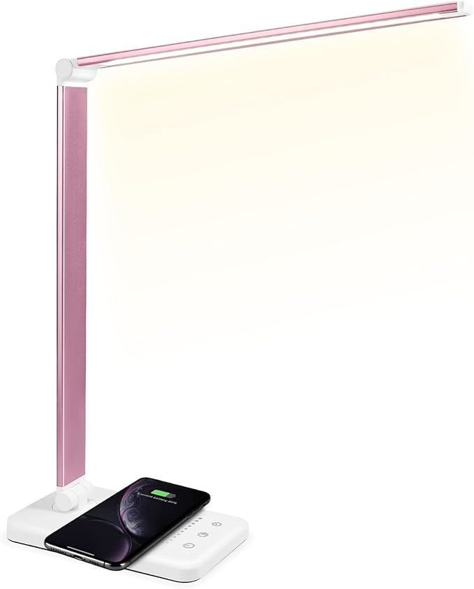 LED Desk Lamp with Wireless Charger, USB Charging Port, Desk Lighting with 10 Brightness, 5 Color Modes, Dimmable Eye Caring Reading Desk Lamps for Home Office, Touch Control, Auto Timer, Pink