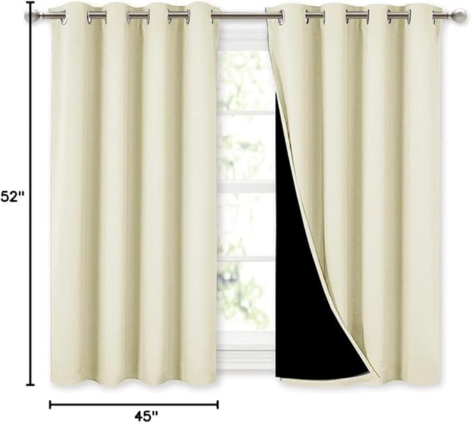 NICETOWN Room Warming Curtains, Bedroom Full Blackout Panels, Super Thick Insulated Window Covers, Complete Blackout Draperies with Black Liner for Short Window (Beige, Set of 2, 52 by 45-inch)