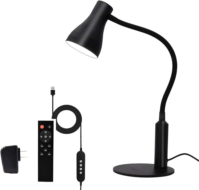 LED Desk Lamp, 3 Lighting Modes and 6 Brightness Levels, 10W Flexible Gooseneck Table Lamp for Living Room and Study, Remote Control with Timing Function, AC Adapter Included (Black)